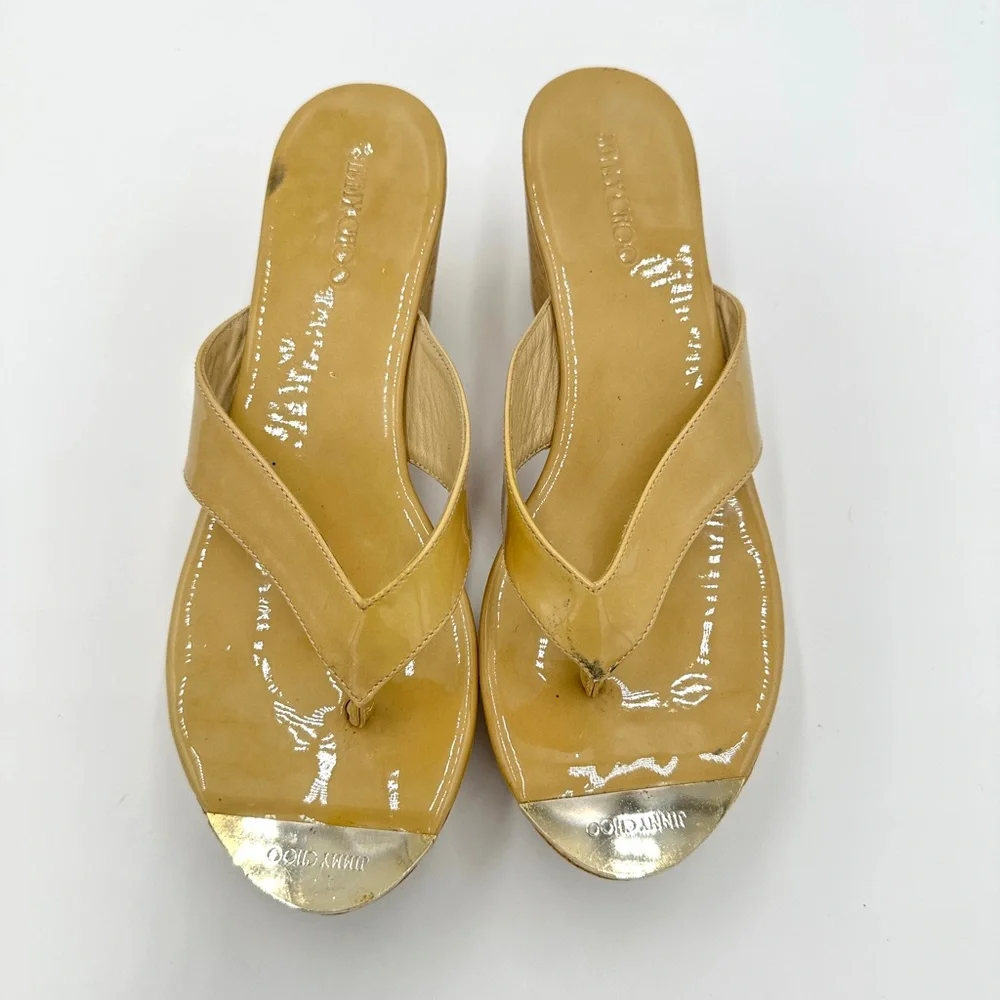 JIMMY CHOO Pathos Patent Leather Cork WEDGES‎ Yellow Women's size 8 EU 38 - Picture 10 of 12